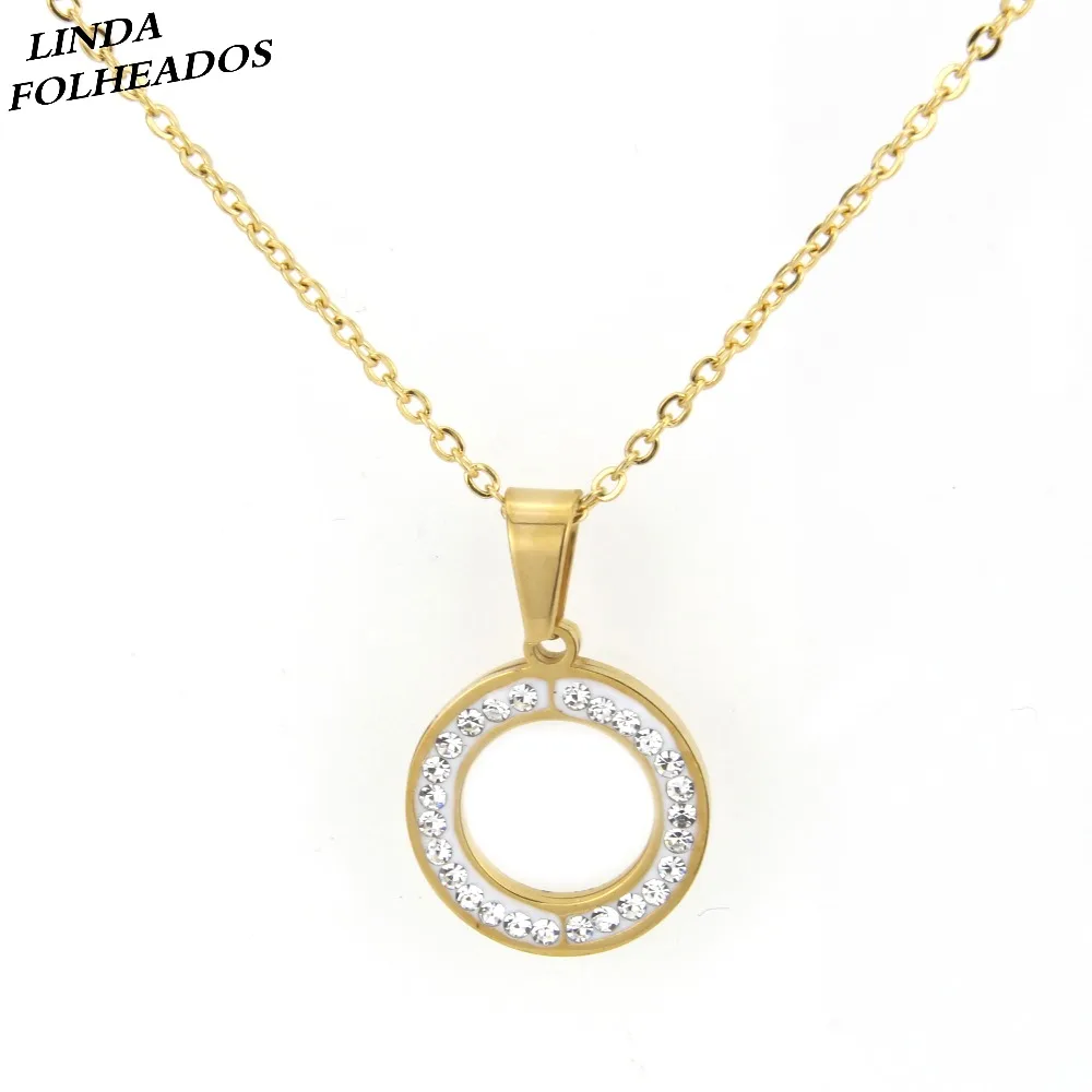 

LINDA FOLHEADOS New Designed Hot Sales Handemade Simple Style Round Circle Gold Stainless Steel Cubic Zirconia Pendant Necklace