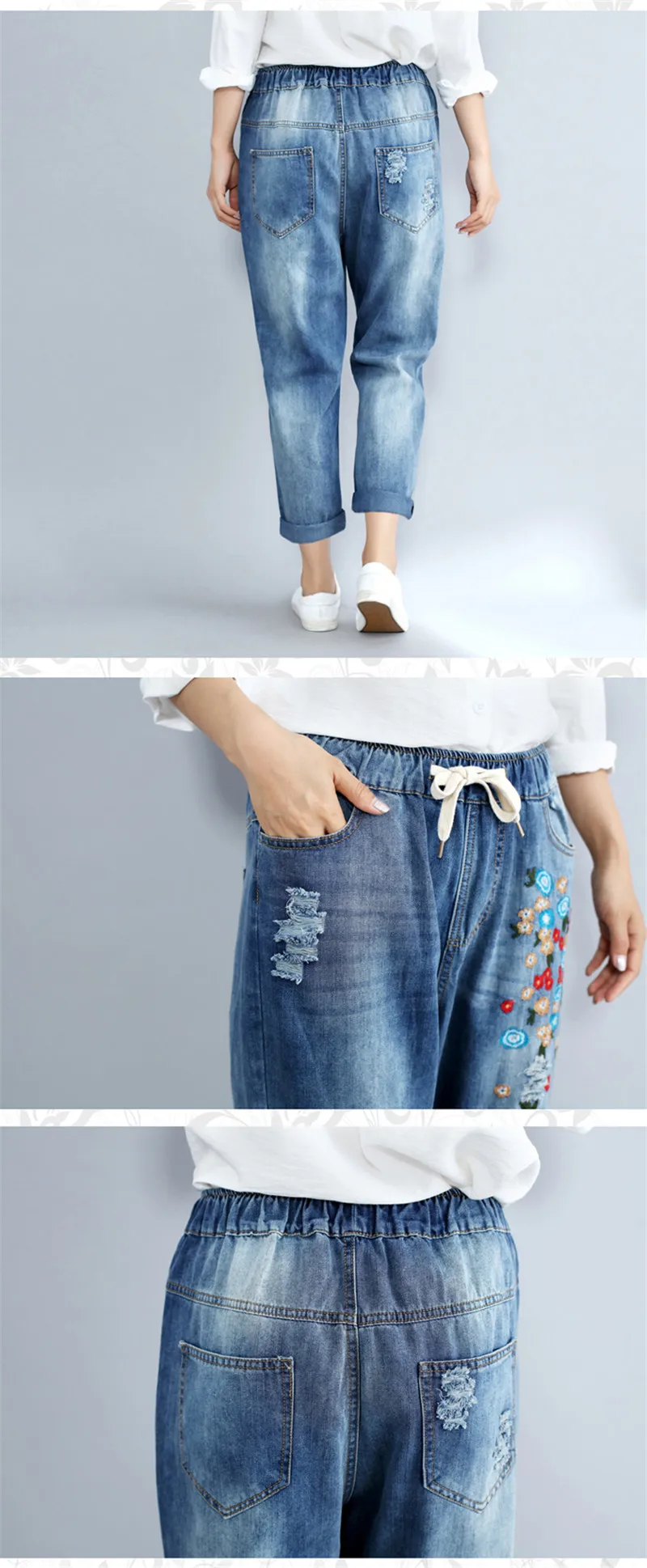 Большие размеры 3XL Цветочная вышивка бойфренд рваные джинсы для женщин шаровары на шнуровке шнурок джинсы Vaqueros Mujer C4304