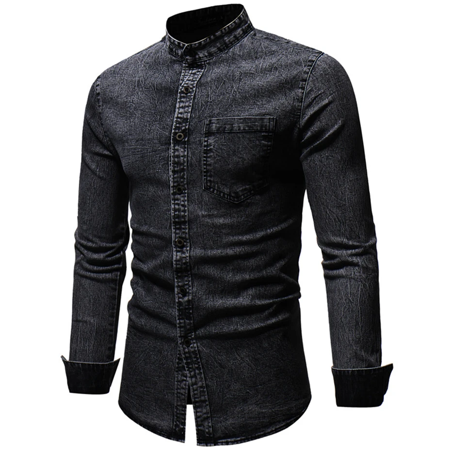 Весна-Осень, Высококачественная джинсовая рубашка, мужская повседневная приталенная рубашка с длинным рукавом и карманом, черная, синяя, Hombre блуза D2867