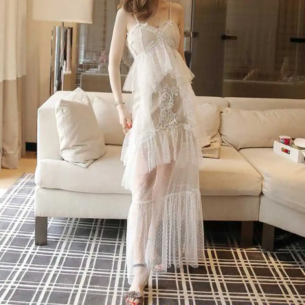 

2019 Brand Summer Lace White Long Dress Vacation Beach Spaghetti Strap Sexy Boho Dresses New Mesh Fashion Vestidos VKDR1405