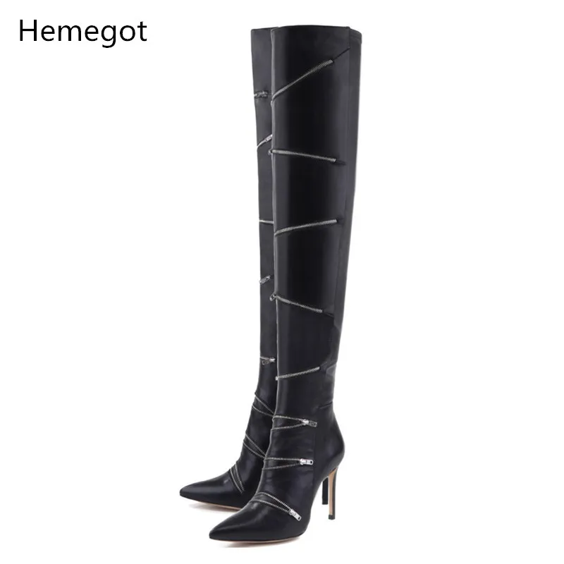 2019 Famous Brand Black Leather Long Boots Women Pointed Toe Slip Chic Zipper Decration High Heels Stilettos Winter Shoes Woman | Обувь