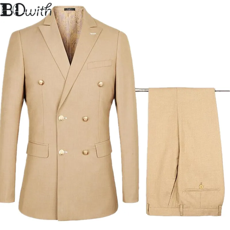 

Double Breasted Kahki Wedding Men Suit Peaked Collar Slim Fit 2 Pieces Jacket+Pants For Wedding Groom Tuxedos Formal Suits