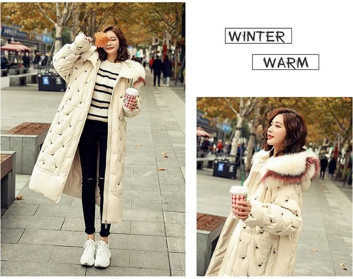 ZURICHOUSE Down Parka Women Long Hooded Fashion Embroidery Warm Natural Big Fur Collar White Duck Down Jacket Winter