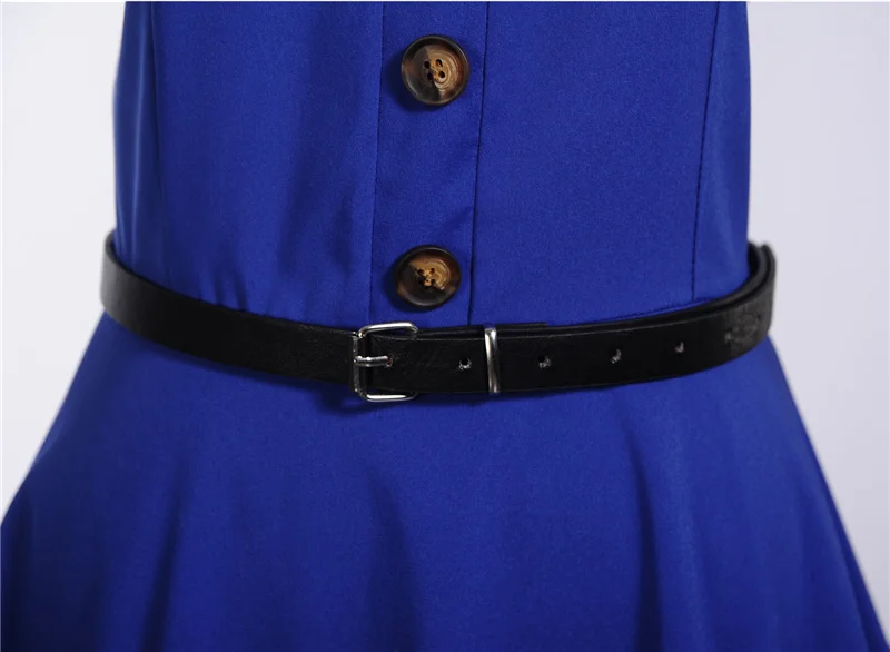 Kostlich Turn-down Collar Solid Color Dresses Hepburn Vintage Short Sleeve Dress Women Big Swing Dress S-2XL With Sashes (39)