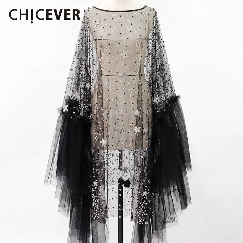 

CHICEVER Summer Print Perspective Dress For Women O Neck Flare Sleeve Oversized Mesh Patchwork Dresses Female Fashion 2019 New