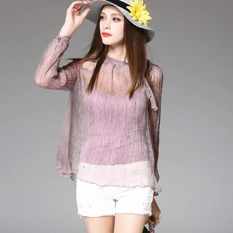 HOT! Shirts chiffon 2016 New Summer Blouses Burst models of high-end European Women Brand silk Bow Hollow women's shirts |