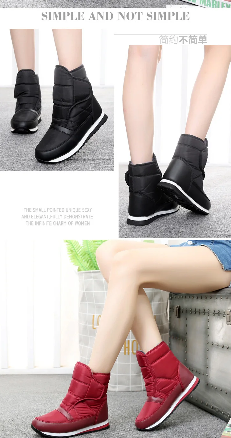 Зимние ботинки на платформе; женские черные зимние ботинки; теплые плюшевые водонепроницаемые ботильоны; женская обувь на липучке; botas mujer invierno