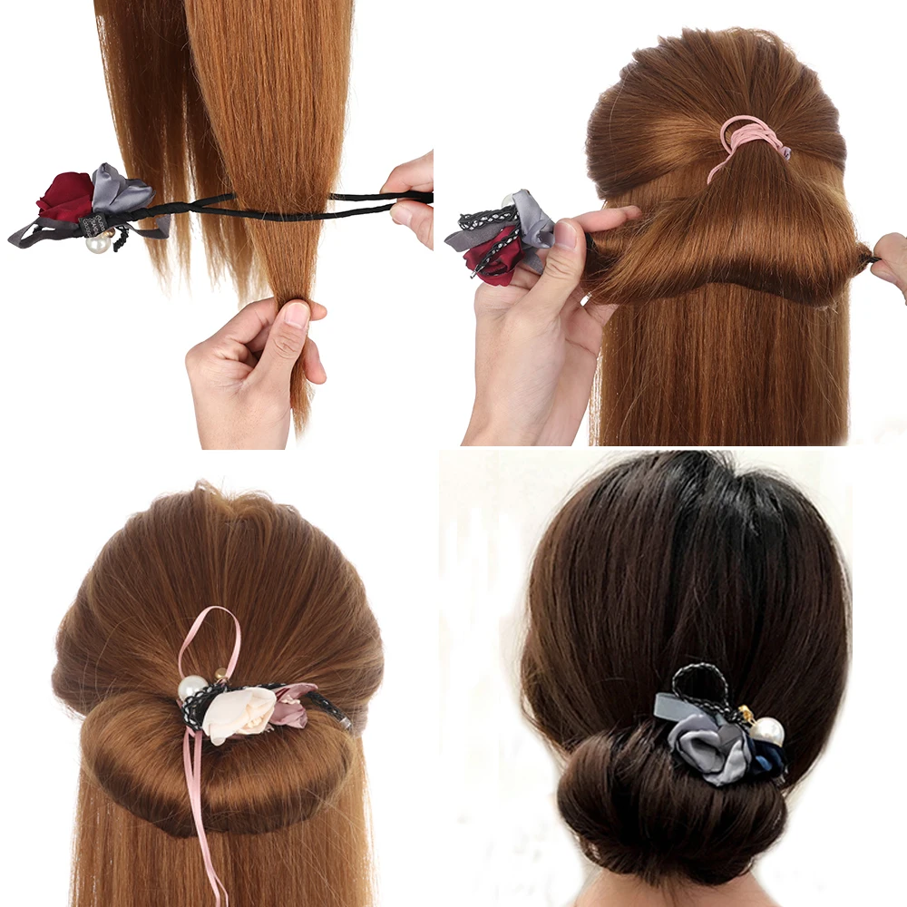 Fashion Women Flower Donut Bun Maker Big Pearls Ribbon DIY 