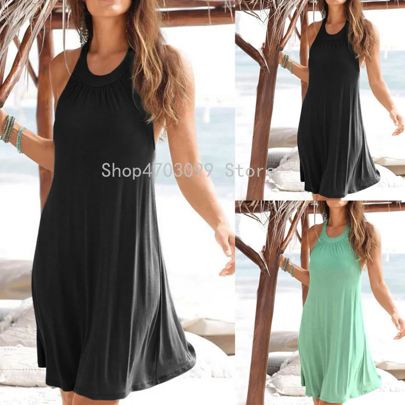 

Womens Bohemian Sleeveless Halter Backless Solid Knee Length Dress Party Dress Noodles kawaii dress ropa mujer verano 2019