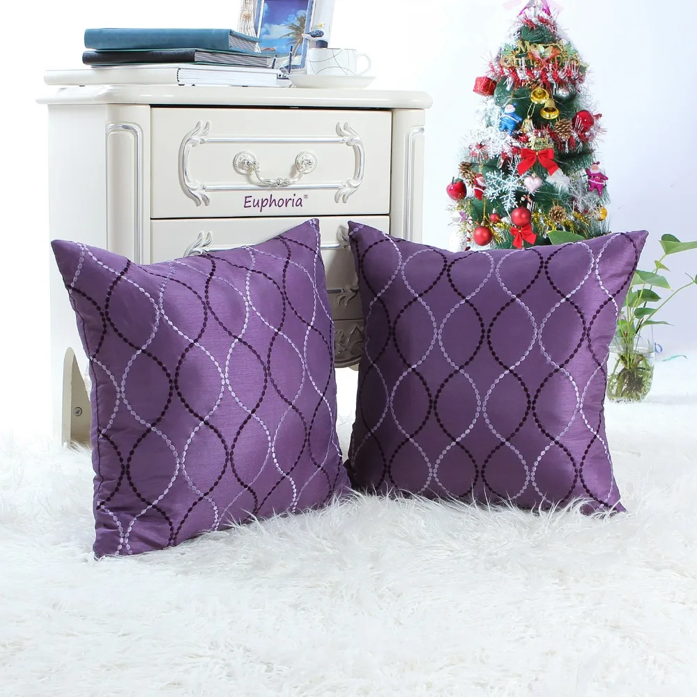 

2PCS CaliTime Square Faux Silk Pillows Shell Cushion Cover Home Decor Two Tones Wave Striped 18" X 18"(45cm X 45cm) Purple