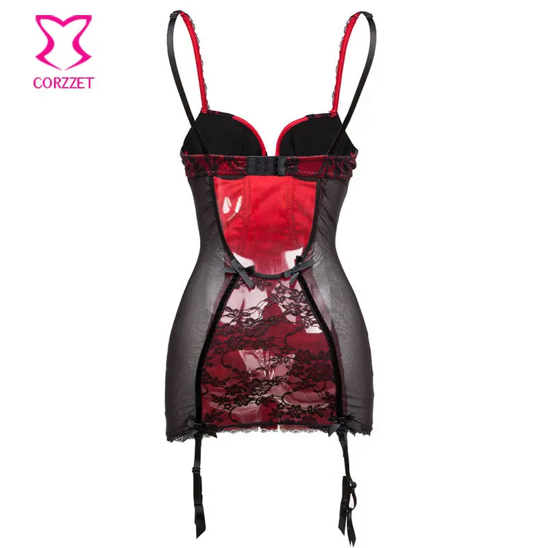 Corzzet Красное Атласное и черное кружевное сексуальное платье для сна, сексуальное женское белье с подвязками размера плюс, женское платье для сна