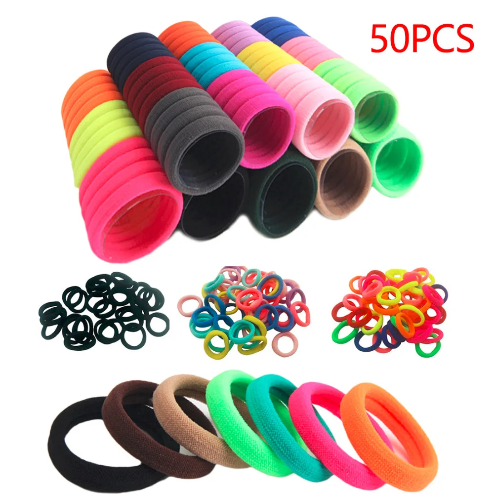 

50pcs/lot Elastic Hairband Headwear Rubber Bands Ponytail Holders Tie Gum Black Colorful Hair Accessories For Girls