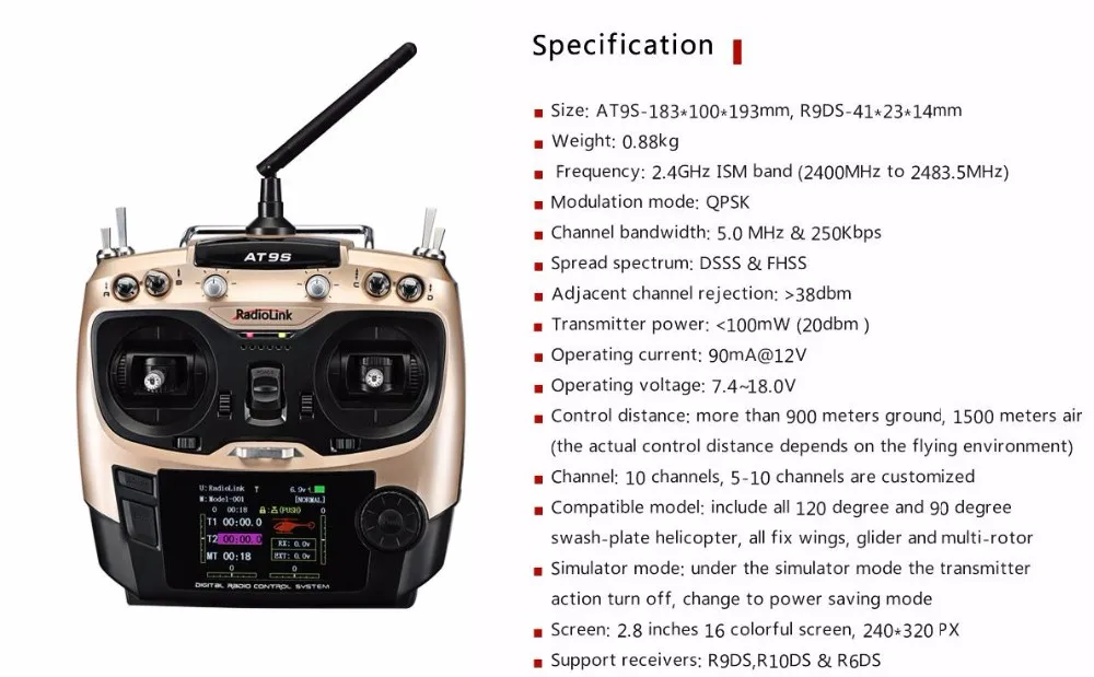 Radiolink AT9S 2,4 ГГц 10CH Радиоуправляемый передатчик с R9DS приемником система дистанционного управления для Радиоуправляемый Дрон, автомобиль, лодка, вертолет