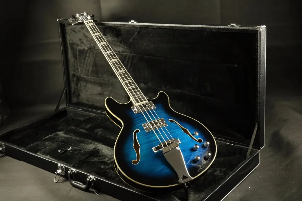 Arched Top flamed maple top semi hollow body 4 string bass guitar