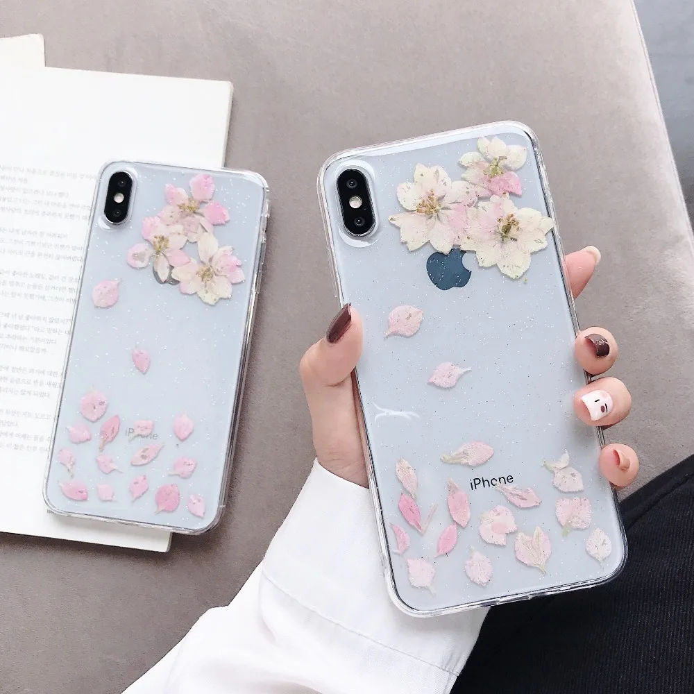 

Real Cherry blossoms Dried Flower Transparent Soft TPU Case For iPhone 6 6S 7 8 plus Phone Case For iphone X S XS Max XR Cover