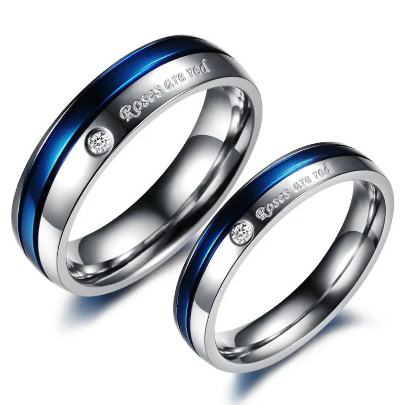Fashion white blue Rhinestone super junior titanium steel couple rings his and hers promise ring sets free shipping