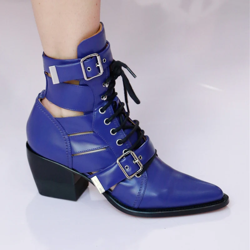 Новинка года; женские сандалии-гладиаторы; ботильоны с острым носком; летние ботинки в готическом стиле с пряжкой на толстой подошве; обувь на высоком квадратном каблуке и платформе - Цвет: Синий