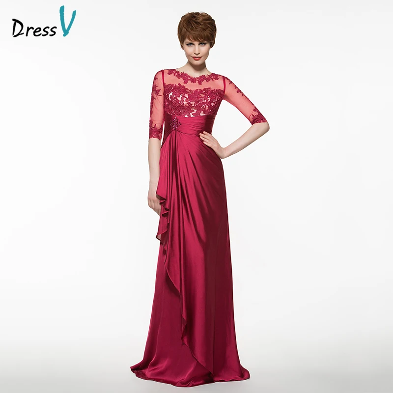 Dressv Red Mother Of The Bride Dress Scoop Neck Sheath Half Sleeves Appliques Beading Sweep