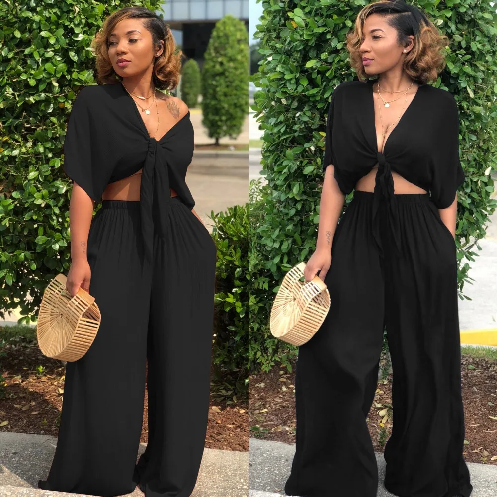 plus size dressy pant suits Women loose wide leg pants bandage lace up crop top 2 piece set for female women v-neck short sleeve two piece set women's suits blazer pants set