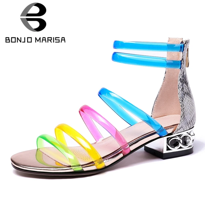 

BONJOMARISA 2019 New Plus Size 31-45 Sweet Colored Gladiator Sandals Women Summer Low Chunky Heels Sandals Women Shoes Woman