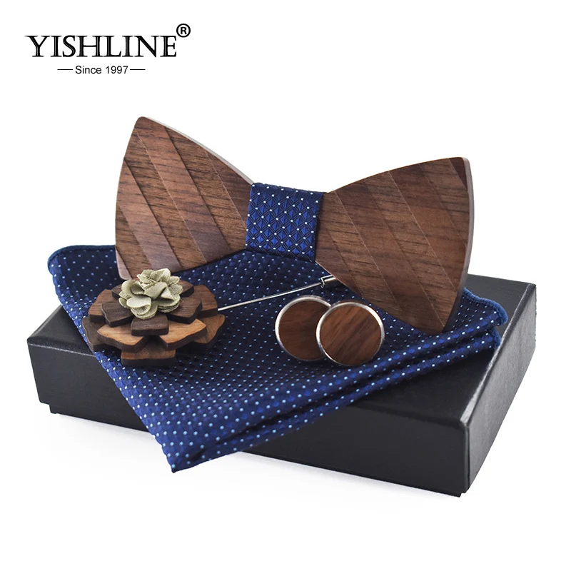 

YISHLINE Men's Plaid Wooden Bow Tie Set Striped Wood Bowtie Handkerchief Cufflinks Brooch Sets With Box For Men Wedding Gift