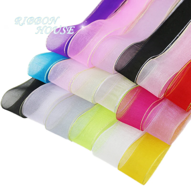 

(10 yards/roll) 25mm gold edged organza ribbon gift wrapping decoration wedding ribbons
