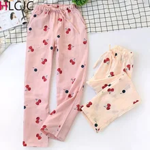 Новые женские марлевые Хлопковые женские нижняя часть пижамы брюки тонкие Свежие Вишни летние домашние брюки свободные повседневные штаны для отдыха и сна