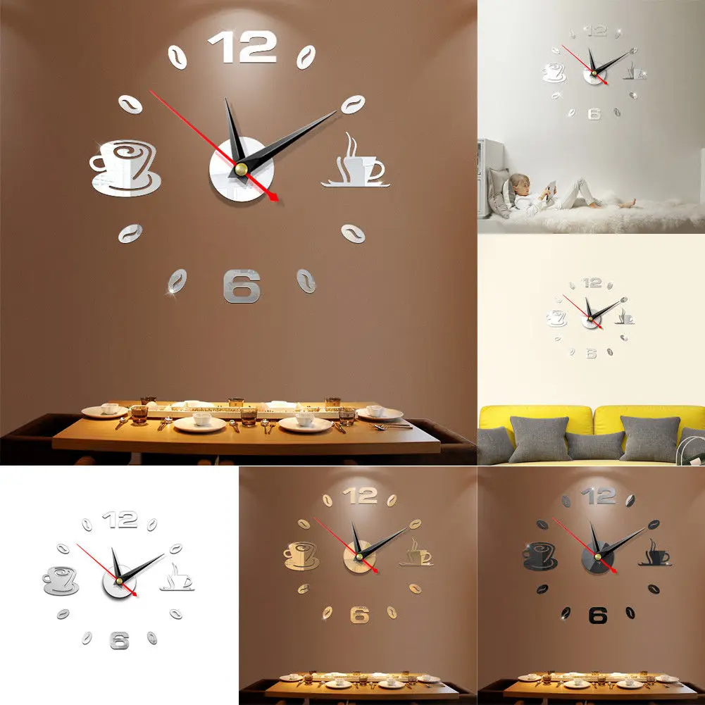 Настенные зеркальные наклейки для кухни DIY акриловые современные часы в форме чашки настенные Стикеры с цифрами домашний декор