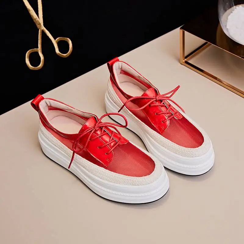 Krazing Pot/Новинка; непромокаемые туфли на среднем каблуке с дышащей сеткой для защиты от солнца; Вулканизированная Обувь На Шнуровке в стиле суперзвезд; L01 - Цвет: Красный