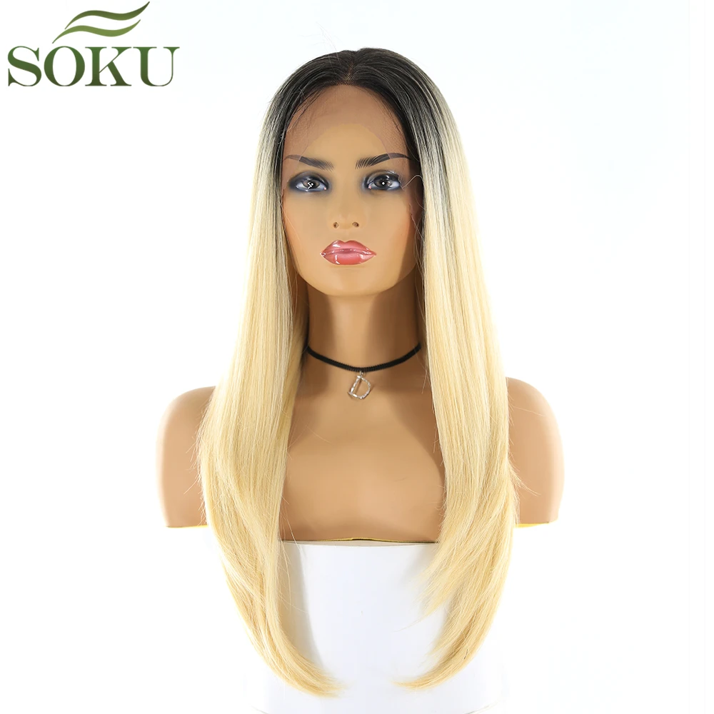 Омбре блонд синтетические парики на кружеве для женщин SOKU 24 дюйма прямые парики 150% плотность термостойкие волокна парик - Цвет: DR613