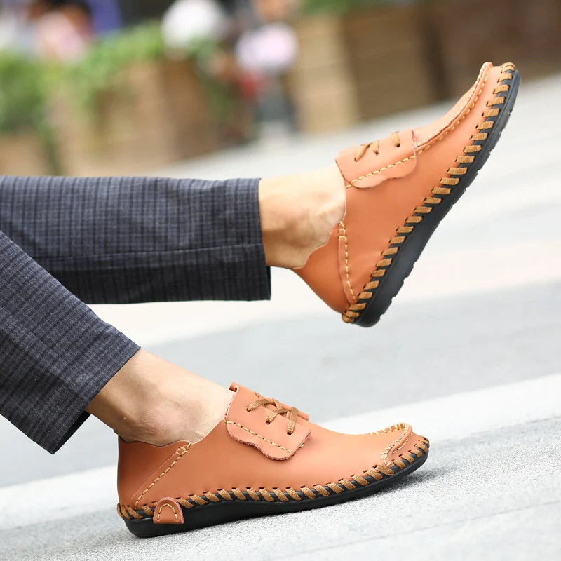 

2019 New Casual Shoes Mens Comfortable Leather Flats Male Lace Up Working Loafer Shoes Men Genuine Leather High Quality Hot Sale