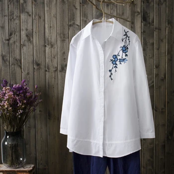 

2019 new 100% cotton flower embroidery women blouse and shirts long-sleeved lady white shirts outwear tops
