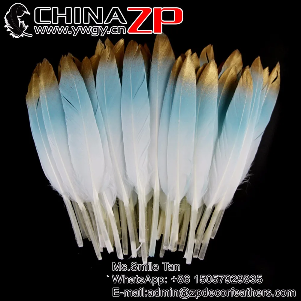 

CHINAZP Wholesale Bulk Hand Painted Feather 100 pcs/lot Real Loose Light Blue Metallic Gold Hand Painted Duck Feathers Gold Tip