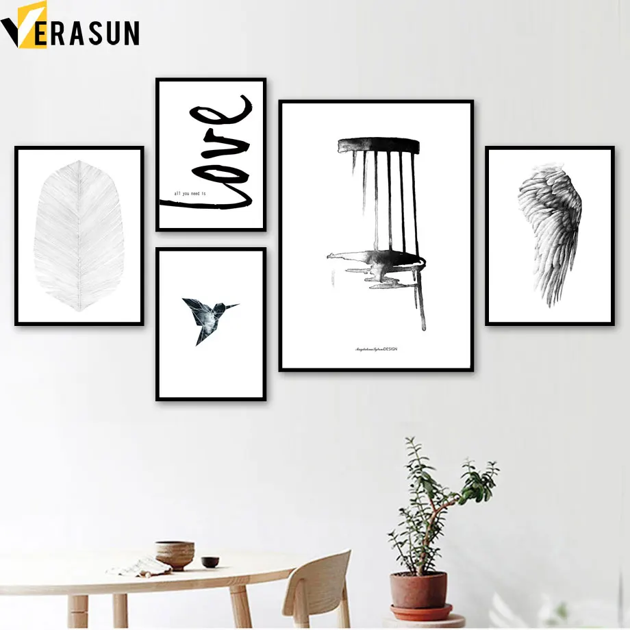 

Black White Chair Leaf Wing Bird Quote Wall Art Canvas Painting Nordic Posters And Prints Wall Pictures For Living Room Decor