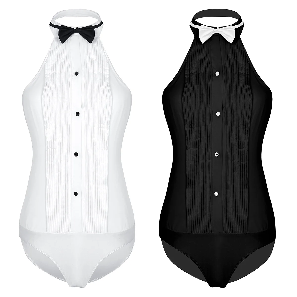 Elegant Bodysuits Women Office Lady White Body Shirt Sleeveless  Wing Tip Collar Backless Tuxedo Shirt Bodysuit with Bow Tie black body suit