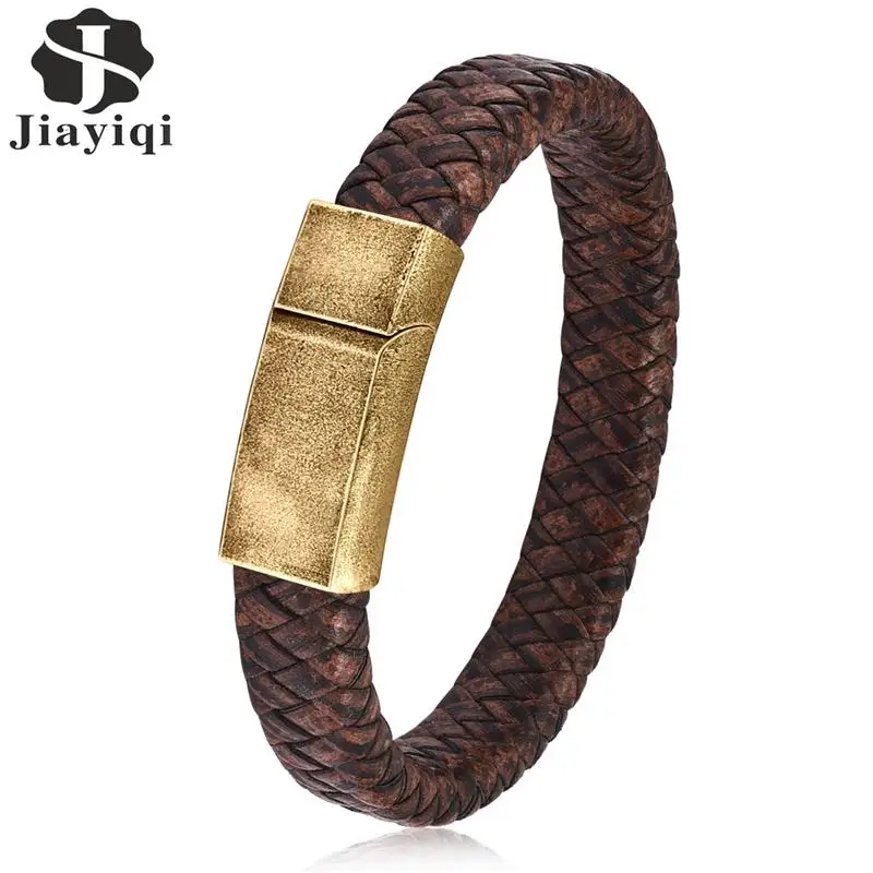 

Jiayiqi Punk Men Jewelry Brown Braided Leather Bracelet Stainless Steel Magnetic Clasp Fashion Bangles 18.5cm