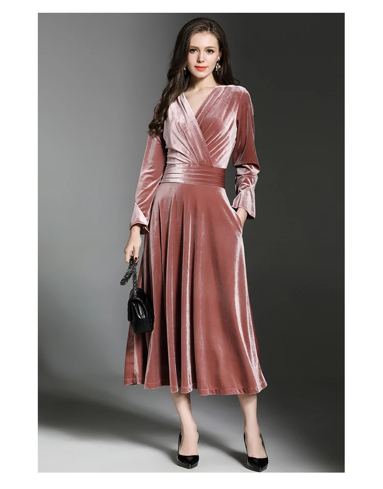 Осеннее винтажное розовое бархатное платье темно-синего цвета с v-образным вырезом, тонкое ТРАПЕЦИЕВИДНОЕ длинное платье миди с длинным рукавом, вечерние Подиумные женские платья, Новинка
