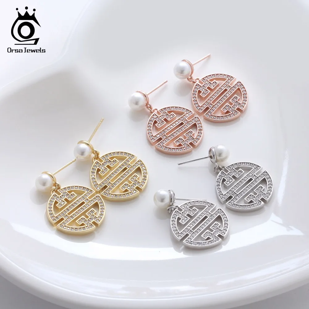 

ORSA JEWELS Original Earrings With Genuine Pearl AAA Shiny CZ Chinese Traditional Flower Window Pattern Women Earring Gift OE196