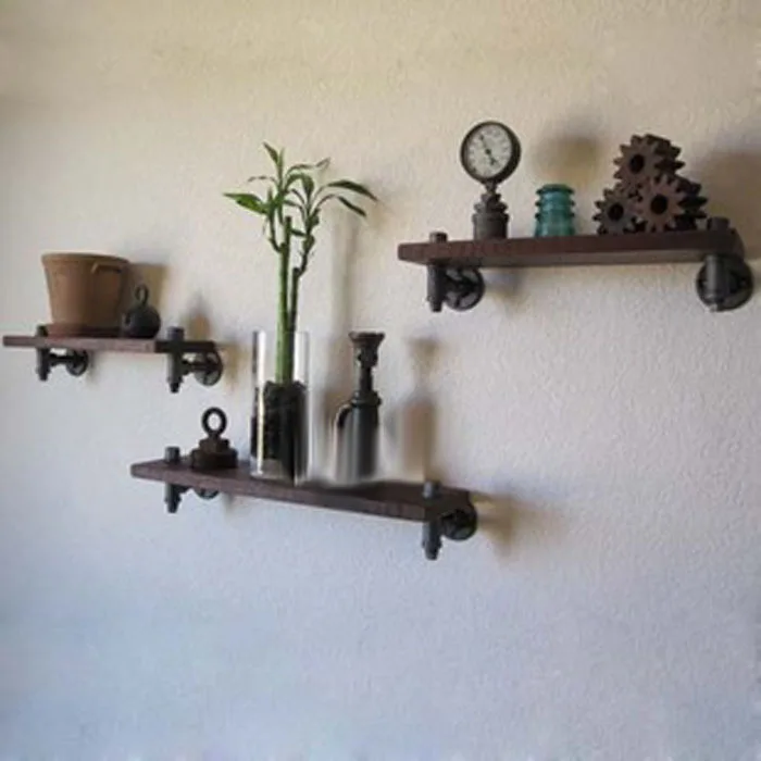 American retro wood wrought iron wall shelf shelving rack set top boxes