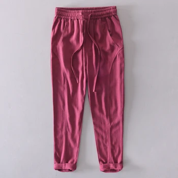 

New style red pants men linen casual brand trousers men solid elastic waist pants mens fashion spring and summer broek pantaloni