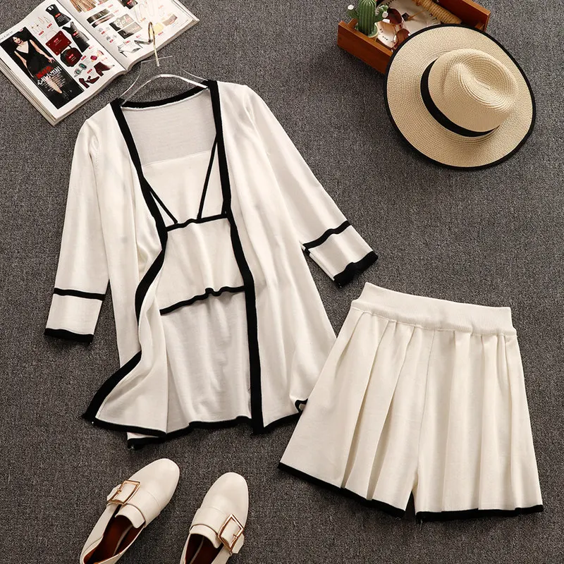 

Women 2019 Summer Knit Suspender Vest Top + Loose Cardigan + Wide-Leg Shorts 3 Pieces Sets Knitted 3PCS Tank Short Pants Suits