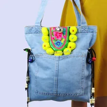 ВИНТАЖНАЯ ДЖИНСОВАЯ богемная Сумка Хобо с вышивкой, большие сумки через плечо для покупок, сумки для путешествий, красочные сумки с помпонами, 1007