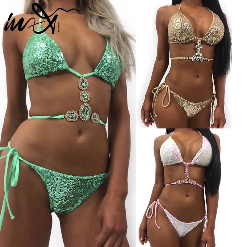 

In-X Sexy string bikini Woman swimsuits separate 2019 Crystal bikini set Sequin swimwear women Push up bathing suit Beach wear