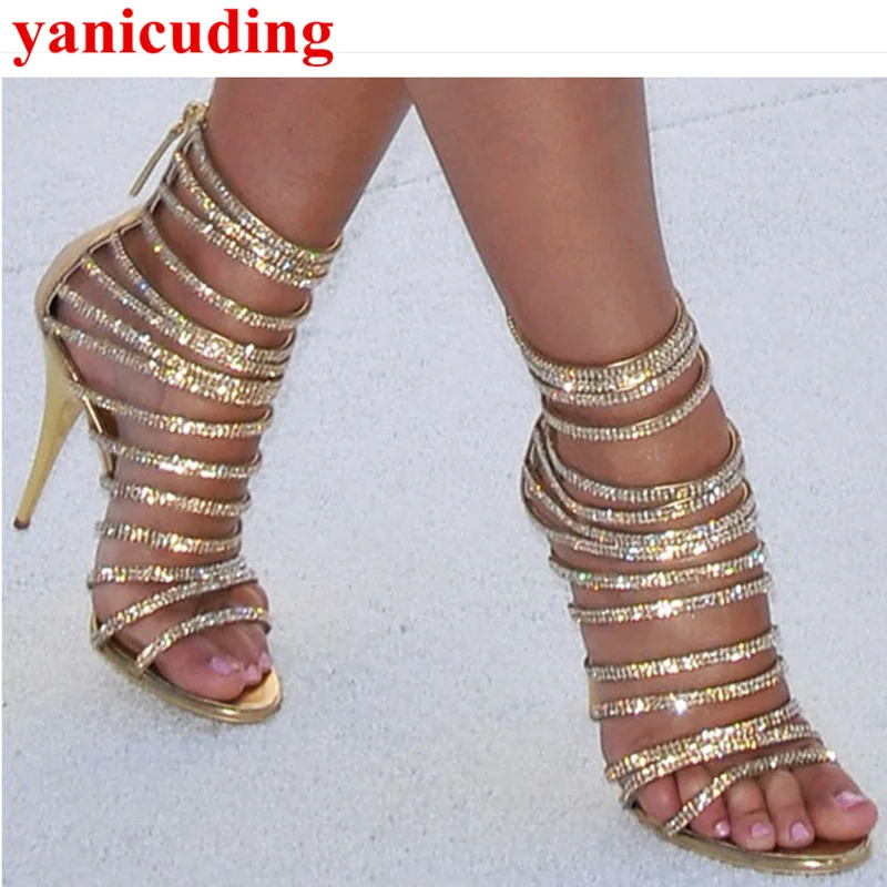 

Narrow Band Women Sandals Crystal Embellished Bling Runway Star Stage Shoes Bride Dress Party Fashion Zapatos Mujer Brand Heels