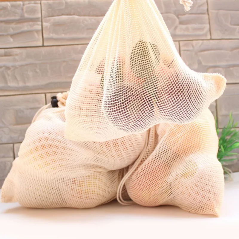 

1PC Vegetable Bags Cotton Fruit Kitchen cereal With Drawstring Reusable Home Kitchen Storage Mesh Bags Machine Washable