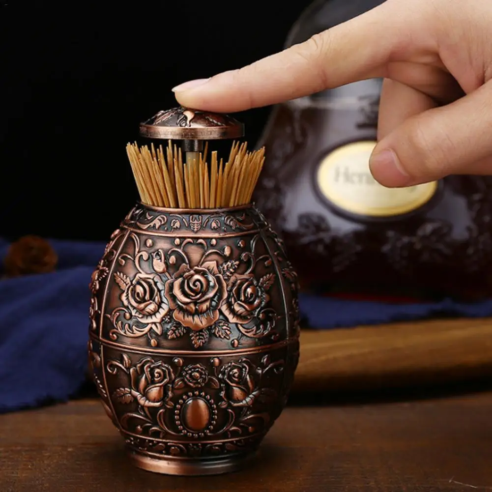

Zinc Alloy Creative Automatic Toothpick Holder Retractable Secret Stash Retro European Style Toothpick Dispenser Box Table Decor