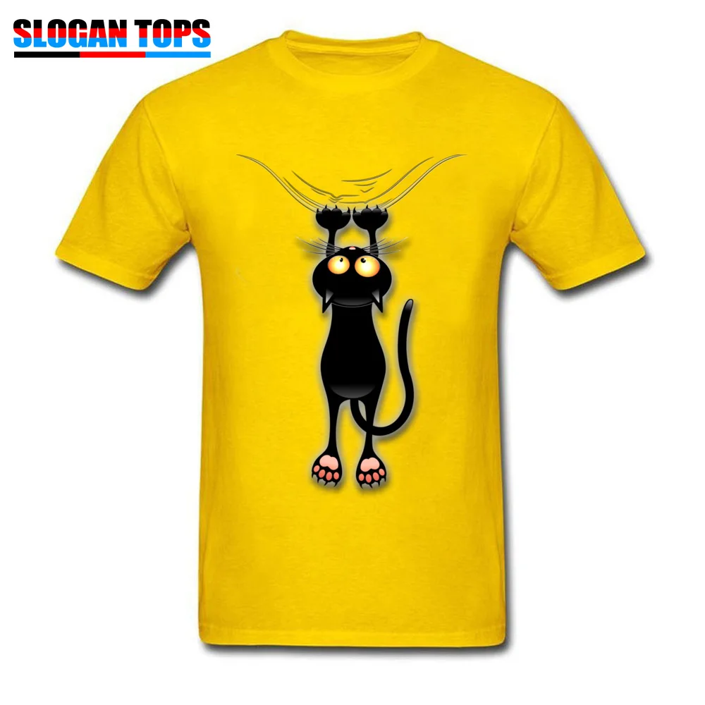 O-Neck Fun Black Cat Falling Down Cotton Fabric Men's T Shirt Street Short Sleeve Tops T Shirt Plain Design Clothing Shirt Fun Black Cat Falling Down yellow