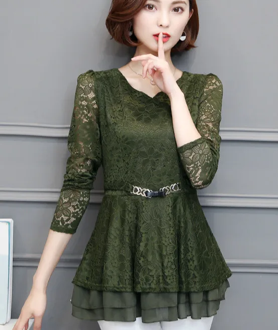 

2017 Spring long sleeve V neck lace shirts women ruffles shirts peplum tops women office work lace blouses ruffles lace tops