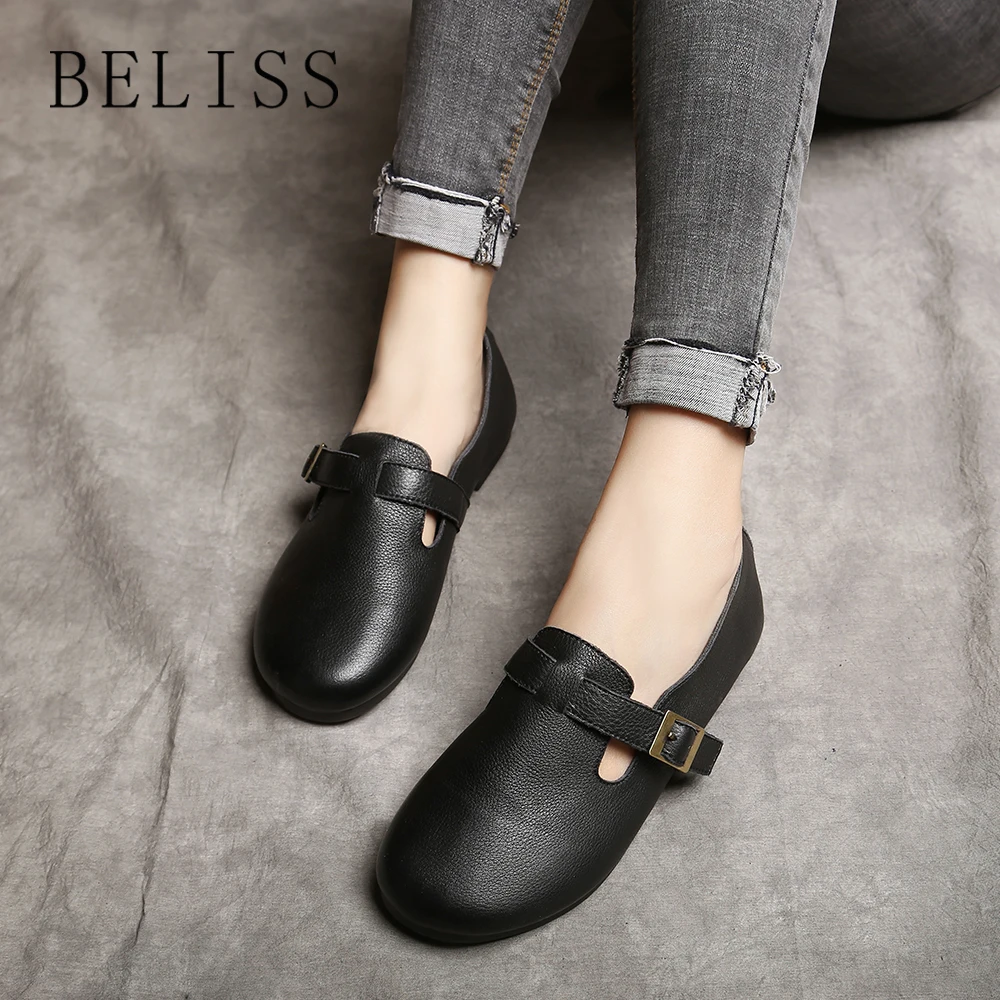 

BELISS 2018 spring and autumn with flat soles high quality leather handmade soft casual shoes comfortable round toe shoes P8