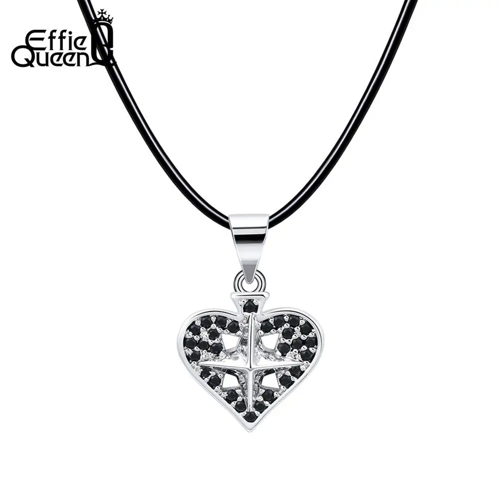 

Effie Queen Romantic Heart Necklaces Cross Pendant With Black AAA Cubic Zircon Genuine Leather Chain Women Jewelry Gift DN185